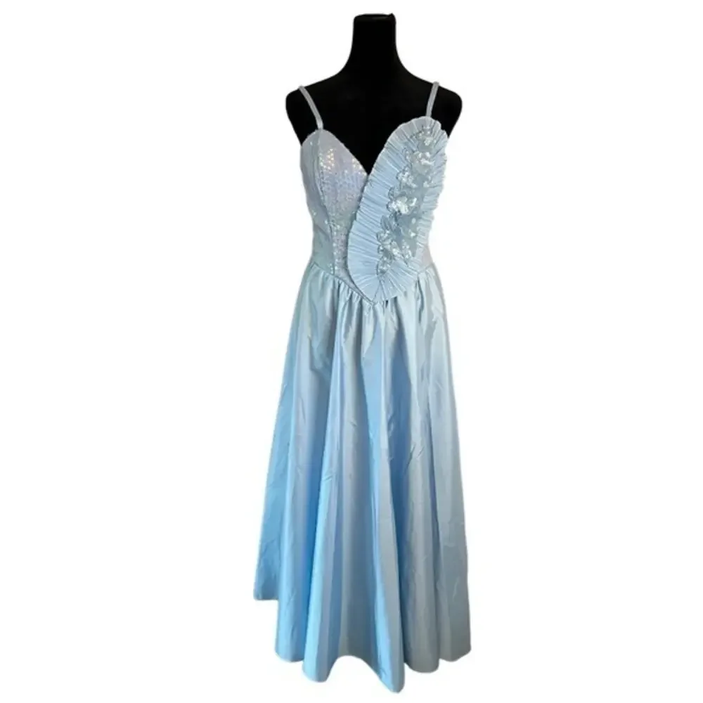 Alyce Designs 70s Vintage Sequin Blue Gown Sweetheart Neckline Tulle Lined - Picture 1 of 12